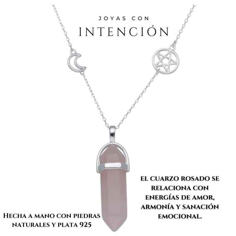 Collar cuarzo rosado con luna y estrella plata 925